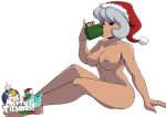  2016 anthro areola bandai_namco big_breasts breasts bucky_o&#039;hare_(series) canid canine christmas christmas_clothing christmas_headwear clothing coffee_mug digimon digimon_(species) domestic_cat erect_nipples felid feline felis female hat headgear headwear holidays jenny_(bucky_o&#039;hare) looking_at_viewer mammal negligee nipples nude renamon santa_hat simple_background solo sweet_polly_purebred underdog_(series) yawg 
