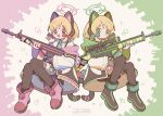  2girls :d animal_ear_headphones animal_ears black_footwear black_legwear black_shorts black_skirt blonde_hair blue_archive blue_necktie boots bow closed_mouth collared_shirt commentary fake_animal_ears green_bow green_eyes gun hair_bow halo headphones highres holding holding_gun holding_weapon jacket knees_together_feet_apart koru_koruno long_sleeves looking_at_viewer midori_(blue_archive) momoi_(blue_archive) multiple_girls necktie open_clothes open_jacket pink_footwear pleated_skirt red_bow red_eyes shirt short_shorts shorts siblings sisters skirt sleeves_past_wrists smile sniper_scope tail thighhighs thighhighs_under_boots twins weapon weapon_request white_jacket white_shirt wide_sleeves 