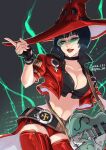  1girl bare_shoulders black_hair breasts choker cleavage electric_guitar fingerless_gloves gloves guilty_gear guilty_gear_strive guitar hat highres i-no instrument jacket large_breasts looking_at_viewer mole mole_above_mouth red_headwear short_hair solo thighhighs witch_hat 