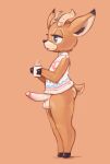  animal_crossing antelope anthro balls beau_(animal_crossing) beverage biped black_nose blue_eyes bottomless bovid clothed clothing coffee edit erection eyelashes fur genitals hooves horn humanoid_genitalia humanoid_penis male mammal multicolored_body nintendo orange_body orange_fur penis shirt simple_background solo somnamg standing thick_thighs topwear two_tone_body video_games 