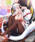  absurdres azu-taro bra breasts evertale headphones highres large_breasts puffy_sleeves revealing_clothes short_shorts shorts thighhighs thighs tongue tongue_out underwear white_hair 