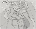  2022 anthro anthro_on_anthro avalon_(zerofox1000) big_penis blush bulge clothing crown dialogue dragon drake_(zerofox) duo english_text fangs fist furgonomics genital_outline genitals grinding hair hi_res long_hair looking_at_another looking_down male male/male motion_lines onomatopoeia open_mouth penis penis_outline prehensile_wings scalie shirt sound_effects standing text topwear western_dragon zerofox1000 