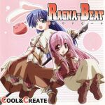  2000s_(style) 2girls :3 acolyte_(ragnarok_online) album_cover bangs blue_hair blush brown_footwear brown_gloves brown_legwear brown_shirt brown_skirt capelet commentary_request cool&amp;create cover eyebrows_visible_through_hair full_body gloves green_eyes headphones kasuga_shun long_hair long_sleeves looking_at_viewer mikage_(curry_berg_dish) multiple_girls open_mouth pantyhose pink_hair poring ragnarok_online red_eyes shirt shoes skirt slime_(creature) smile swordsman_(ragnarok_online) white_capelet white_gloves white_shirt white_skirt 