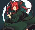  1girl :d animal_ears braid cat_ears cat_tail chromatic_aberration eyes_visible_through_hair juliet_sleeves kaenbyou_rin long_hair long_sleeves looking_at_viewer multiple_tails nail_polish nekomata puffy_sleeves red_eyes red_hair red_nails simple_background slit_pupils smile solo tail teeth tomo_asa_(confetto-o) touhou twin_braids twintails two_tails 
