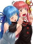  2girls bangs black_sleeves blue_hair breasts closed_eyes detached_sleeves eyebrows_visible_through_hair furrowed_brow hair_ornament hand_under_clothes hands_up highres kotonoha_akane kotonoha_aoi kurione_(zassou) long_hair multiple_girls open_mouth pink_hair red_eyes siblings simple_background sisters small_breasts tears teeth voiceroid white_background white_sleeves wide_sleeves 