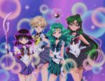  4girls aqua_hair back_bow bangs bishoujo_senshi_sailor_moon black_choker black_hair black_sailor_collar black_skirt blonde_hair blue_bow blue_choker blue_eyes blue_sailor_collar blue_skirt bob_cut bow brooch choker closed_mouth cowboy_shot earrings garnet_rod gloves green_choker green_hair green_sailor_collar green_skirt hair_bun heart_wand highres holding holding_polearm holding_staff holding_weapon jewelry kaiou_michiru light_particles long_hair looking_at_viewer medium_hair meiou_setsuna multicolored_background multiple_girls official_style outer_senshi parted_bangs parted_lips pleated_skirt polearm purple_choker purple_eyes purple_sailor_collar purple_skirt red_bow red_eyes sailor_collar sailor_neptune sailor_pluto sailor_saturn sailor_senshi sailor_senshi_uniform sailor_uranus short_hair shunciwi silence_glaive skirt smile staff standing star_(symbol) star_brooch star_choker tamegai_katsumi_(style) ten&#039;ou_haruka tomoe_hotaru wavy_hair weapon white_gloves yellow_bow 