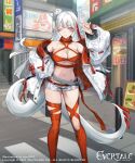  absurdres azu-taro boots breasts city evertale highres navel puffy_sleeves revealing_clothes short_shorts shorts thigh_boots thigh_strap thighhighs thighs white_hair 