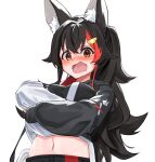  1girl animal_ear_fluff animal_ears bangs black_hair black_hoodie blush breasts brown_eyes commentary_request daichi_(daichi_catcat) hair_ornament hairclip highres hololive hood hoodie hoodie_lift lifted_by_self long_hair long_sleeves looking_at_viewer midriff multicolored_hair navel ookami_mio open_mouth red_hair simple_background solo streaked_hair upper_body virtual_youtuber white_background white_hoodie wolf_ears 