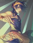  1boy bare_shoulders black_hair dyresbroom headband jojo_no_kimyou_na_bouken male_focus narancia_ghirga overskirt purple_eyes solo toned toned_male vento_aureo wristband 