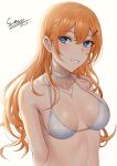  1girl bangs blue_eyes blush breasts cleavage commentary_request crossed_bangs dated eyebrows_visible_through_hair girls&#039;_frontline hair_ornament hairclip highres jewelry kalina_(girls&#039;_frontline) large_breasts long_hair looking_at_viewer necklace orange_hair parted_lips selcky signature simple_background smile solo upper_body white_background 