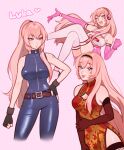  1girl blue_eyes bodysuit breasts expressionless gloves hairband headphones large_breasts long_hair megurine_luka miffs one_eye_closed pale_skin pink_hair ponytail smile solo thighhighs tight very_long_hair vocaloid white_legwear 