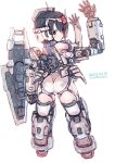  1girl artist_name ass bangs black_hair boots dated extra_arms from_behind green_eyes gundam gundam_0083 gundam_gp-01_zephyranthes highres holding holding_shield mecha_musume mechanical_arms open_hands personification rondo_bell shield short_hair solo thigh_boots thighhighs v-fin 