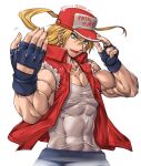  1boy abs amania_orz biceps black_gloves blue_eyes dated fatal_fury fatal_fury_cap fingerless_gloves gloves hat muscular muscular_male open_mouth ponytail red_headwear red_vest shirt simple_background sleeveless smile solo terry_bogard tight tight_shirt twitter_username upper_body vest white_background white_shirt 