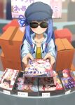  1girl black-framed_eyewear blue_hair blue_headwear blurry blurry_background box cabbie_hat cardboard_box collarbone drawstring fingernails giving hair_ornament hair_tie hat holding jacket kotonoha_akane kotonoha_aoi kurione_(zassou) long_hair long_sleeves manga_(object) nee_chanto_shiyou_yo! open_clothes open_jacket outstretched_arms poster_(object) price_tag shirt solo sunglasses tape voiceroid white_jacket yellow_shirt 