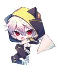  1boy animal_hood apex_legends bangs black_bodysuit bodysuit cat_hood chibi cosplay eyebrows_visible_through_hair fang grey_hair highres hood hood_up kom0980 kuzuha_(nijisanji) looking_at_viewer male_focus nijisanji open_mouth red_eyes scarf skin_fang solo symbol-only_commentary v-shaped_eyebrows virtual_youtuber void_prowler_wraith white_background white_scarf wraith_(apex_legends) wraith_(apex_legends)_(cosplay) 