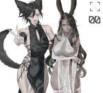  2girls absurdres animal_ears avatar_(ff14) bare_shoulders black_gloves black_hair black_ribbon blue_eyes blush breasts bridal_gauntlets china_dress chinese_clothes cleavage cleavage_cutout closed_mouth clothing_cutout collarbone covered_navel dark-skinned_female dark_skin dress elbow_gloves eyebrows_visible_through_hair eyelashes eyes_visible_through_hair final_fantasy final_fantasy_xiv fingerless_gloves gloves hair_between_eyes half-closed_eyes hand_on_hip highres large_breasts long_eyelashes long_hair looking_at_viewer looking_away medium_hair mell_(dmwe3537) mole mole_on_breast mole_under_mouth multiple_girls open_mouth original panties rabbit_ears ribbon scar scar_on_arm scar_on_breasts scar_on_cheek scar_on_face scar_on_leg scar_on_mouth scar_on_stomach see-through simple_background skindentation smile tail thighhighs toned tongue turtleneck underwear v viera white_background white_eyes white_legwear white_panties 