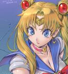  1girl amania_orz bangs bishoujo_senshi_sailor_moon blonde_hair blue_eyes blue_sailor_collar breasts choker cleavage crescent crescent_earrings dated derivative_work earrings hair_over_shoulder heart heart_choker jewelry long_hair looking_at_viewer meme parted_bangs parted_lips sailor_collar sailor_moon sailor_moon_redraw_challenge_(meme) sailor_senshi_uniform screencap_redraw solo sweatdrop tsukino_usagi twintails twitter_username 