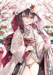  1girl :d animal_ears black_panties blush bow bride brown_hair cameltoe cherry_blossoms cowboy_shot dot_nose eyebrows_visible_through_hair fake_animal_ears flat_chest floral_print flower hair_between_eyes hair_flower hair_ornament hood hoshino_koucha japanese_clothes kimono layered_clothing layered_kimono lifted_by_self long_sleeves looking_at_viewer medium_hair obi open_mouth original panties petals pink_eyes sash smile solo thigh_gap thighs tsunokakushi uchikake underwear white_kimono wide_sleeves 