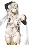  1girl absurdres bare_shoulders blush breasts butterfly_hair_ornament circlet cleavage commentary dancer echidna_(re:zero) hair_ornament highres huge_breasts jewelry large_breasts long_hair looking_at_viewer navel pixel_(yuxian) purple_eyes re:zero_kara_hajimeru_isekai_seikatsu silver_hair smile solo white_hair 