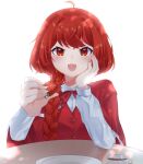  1girl :d ahoge arm_rest bloom blush braid braided_ponytail food fruit hair_over_shoulder hand_on_own_cheek hand_on_own_face highres holding holding_food holding_fruit incoming_food long_hair looking_at_viewer milll_77 okazaki_yumemi red_eyes red_hair simple_background smile solo strawberry table touhou touhou_(pc-98) upper_body white_background 