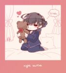  1girl black_hair bloom2425 blue_pajamas blue_ribbon chibi closed_eyes commentary_request hair_flaps hair_ornament hairclip highres jingei_(kancolle) kantai_collection kiss kneeling long_hair low_ponytail pajamas ribbon solo stuffed_animal stuffed_toy teddy_bear tied_hair 