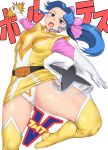  1girl ass_visible_through_thighs belt blue_eyes blue_hair blush boots bow breasts choudenji_machine_voltes_v commentary_request elbow_gloves eyebrows_visible_through_hair foot_out_of_frame gloves hair_bow highres long_hair looking_at_viewer oka_megumi open_mouth orizen outstretched_arms panties ponytail shuriken sidelocks solo thick_thighs thigh_boots thighhighs thighs translation_request underwear weapon white_background yellow_footwear 