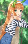  1girl animal_ears backless_outfit bangs blurry blurry_background denim green_eyes hairband highres horse_ears horse_girl horse_tail jeans kurikurioekaki light_blush long_hair long_sleeves looking_at_viewer looking_back orange_hair outdoors pants parted_lips shirt shoulder_blades sidelighting silence_suzuka_(umamusume) solo striped striped_shirt tail umamusume 