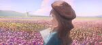  1girl absurdres brown_hair bug butterfly cloud cloudy_sky day flower highres hill holding holding_sketchbook long_hair original outdoors profile purple_flower purple_sky sishenfan sketchbook sky solo tulip upper_body wide_shot windmill yellow_flower 
