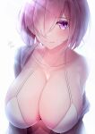  1girl backlighting blush breasts closed_mouth collarbone fate/grand_order fate_(series) hair_over_one_eye large_breasts lee-taro light_smile looking_at_viewer mash_kyrielight off_shoulder purple_eyes purple_hair short_hair signature smile solo upper_body white_background 