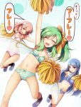  3girls :d :o ^_^ arm_up armpits bare_arms bare_shoulders blue_eyes blue_footwear blue_hair blue_panties blue_skirt bow bow_panties cheerleader chima_q closed_eyes collarbone daiyousei daiyousei_mob_(touhou) extra facing_viewer fairy fairy_wings green_hair green_panties hair_bow hair_ornament heart highres legs long_hair looking_at_viewer multiple_girls navel open_mouth outstretched_arm panties pink_hair pink_panties pom_pom_(cheerleading) red_bow red_eyes shoes side_ponytail skirt smile sneakers spoken_heart sweatdrop thighs touhou translated underwear wings yellow_bow 