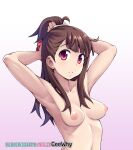  1girl armpits arms_up artist_name bangs breasts brown_hair geewhy gradient gradient_background hands_in_hair highres kagari_atsuko little_witch_academia looking_at_viewer nipples nude parted_lips pink_background red_eyes short_hair small_breasts solo teeth tying_hair upper_body web_address 