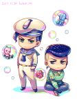  4boys anchor_symbol black_hair blue_eyes blue_hair bubble chibi dyresbroom food fruit hat jojo_no_kimyou_na_bouken jojolion killer_queen kira_yoshikage_(jojolion) kujo_josefumi male_focus miniboy multiple_boys peace_symbol pompadour rokakaka sailor sailor_hat soft_&amp;_wet stand_(jojo) undercut 