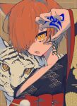  1girl 2022 absurdres animal_ears brown_background brown_hair chinese_zodiac highres hikap japanese_clothes kimono looking_at_viewer original print_kimono seigaiha sharp_teeth short_hair solo teeth tiger tiger_ears white_tiger year_of_the_tiger yellow_eyes 