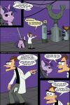  brown_hair clothing coat controller cutie_mark digoraccoon disney dr._heinz_doofenshmirtz equid equine female feral friendship_is_magic hair hi_res horn horseshoe human inator inside lab_coat machine male mammal multicolored_hair multicolored_tail my_little_pony parody phineas_and_ferb purple_body purple_eyes remote_control silo topwear trapped twilight_sparkle_(mlp) unicorn 