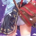  1girl accidental_exposure ass ass_focus bag black_skirt blue_shirt cheese cherry_blossoms close-up commentary_request food from_behind granblue_fantasy mouse panties petals purple_background satchel shirt skirt skirt_caught_on_object solo thighhighs torimaru twitter_username underwear vikala_(granblue_fantasy) white_legwear white_panties 