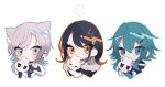  3girls absurdres animal_ear_fluff animal_ears aqua_hair bangs black_legwear blue_eyes cat_ears cat_girl chibi colored_inner_hair grey_hair highres holding holding_stuffed_toy indie_virtual_youtuber kom0980 looking_to_the_side multicolored_hair multiple_girls orange_eyes orange_hair portrait shian1910_(vtuber) shirasu_(mashiro_(rikuya)) stuffed_toy virtual_youtuber white_background yukhoe_(vtuber) 