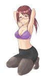  1girl aimobake arms_behind_head arms_up bad_id bad_twitter_id bangs bespectacled black_legwear black_skirt blush bra breasts cleavage commentary_request frown full_body glasses half-closed_eyes highres idolmaster idolmaster_cinderella_girls kneeling long_hair looking_at_viewer medium_breasts mifune_miyu miniskirt no_shirt no_shoes pantyhose parted_lips pencil_skirt purple_bra red-framed_eyewear red_eyes red_hair semi-rimless_eyewear simple_background skirt solo swept_bangs under-rim_eyewear underwear white_background 