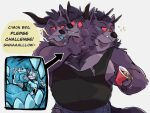  anthro beverage blue_tongue canid cerberus clothing container cup european_mythology greek_mythology horn male male/male mammal multi_head mythology pecs red_eyes shirt skipperz tank_top tongue topwear vore 