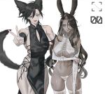 2girls absurdres animal_ears avatar_(ff14) bare_shoulders black_gloves black_hair black_ribbon blue_eyes blush breasts bridal_gauntlets china_dress chinese_clothes cleavage cleavage_cutout closed_mouth clothing_cutout collarbone covered_navel dark-skinned_female dark_skin dress elbow_gloves eyebrows_visible_through_hair eyelashes eyes_visible_through_hair final_fantasy final_fantasy_xiv fingerless_gloves gloves hair_between_eyes half-closed_eyes hand_on_hip highres large_breasts long_eyelashes long_hair looking_at_viewer looking_away medium_hair mell_(dmwe3537) mole mole_on_breast mole_under_mouth multiple_girls navel open_mouth original panties rabbit_ears ribbon scar scar_on_arm scar_on_breasts scar_on_cheek scar_on_face scar_on_leg scar_on_mouth scar_on_stomach see-through simple_background skindentation smile tail thighhighs toned tongue turtleneck underwear v viera white_background white_eyes white_legwear white_panties 