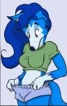  anthro blue_body blue_fur blue_hair blue_the_vixen boxers_(clothing) canid canine clothing crop_top female fox fur hair mammal shirt solo topwear underwear 