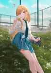  1girl bag bangs bare_legs blonde_hair blue_skirt blurry blurry_background bracelet cirilla_lin closed_mouth collared_shirt colored_tips commentary_request ear_piercing eyebrows_visible_through_hair fence flower forehead grass hair_over_shoulder hand_up handbag heart highres holding holding_flower jewelry kitagawa_marin leaning_back long_hair looking_at_viewer multicolored_hair necktie orange_hair parted_bangs piercing pink_eyes pink_nails pleated_skirt ring scenery shirt skirt smile solo sono_bisque_doll_wa_koi_wo_suru streaked_hair thighs two-tone_hair white_shirt 