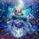  1girl black_gloves blonde_hair blue_butterfly blue_eyes blue_wings breasts bug butterfly butterfly_wings chestnut_mouth chunithm cleavage commentary_request copyright_name dress elbow_gloves flower full_body gloves green_dress hair_flower hair_ornament headdress highres holding holding_staff large_breasts long_hair looking_at_viewer mebaru official_art open_mouth orange_flower outdoors purple_flower solo staff very_long_hair wings 