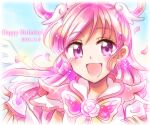  1girl :d angel_wings blue_background butterfly_brooch cure_dream dated earrings fingerless_gloves flower_brooch gloves hair_rings happy_birthday hitopm jewelry long_hair looking_at_viewer magical_girl open_mouth petals pink_eyes pink_hair pink_theme precure shining_dream shiny shiny_hair smile solo upper_body white_wings wing_hair_ornament wings yes!_precure_5 yes!_precure_5_gogo! yumehara_nozomi 