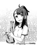  1girl artist_name bags_under_eyes bangs bong drugged drugs geewhy greyscale grin half-closed_eyes highres holding holding_lighter kagari_atsuko lighter little_witch_academia marijuana monochrome open_mouth ponytail shirt short_hair smile smoke solo standing t-shirt teeth upper_body upper_teeth web_address 