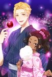  1boy 1girl black_hair blonde_hair blue_kimono brown_eyes candy_apple copyright_name cotton_candy dark-skinned_female dark_skin eating food hair_ornament hair_scrunchie highres holding holding_food japanese_clothes jigokuraku kimono long_hair looking_at_viewer outdoors pink_kimono pink_scrunchie scrunchie wide_sleeves yellow_eyes yulu_syukita 