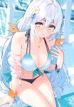  1girl absurdres armpits arms_up bangs bare_shoulders bikini blush breasts collarbone cu-no day eyewear_on_head highres hisen_kaede holding_hands long_hair looking_at_viewer navel open_mouth orange_eyes outdoors rapua_qive scan simple_background solo stomach striped sunglasses swimsuit water white_hair 