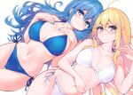  2girls absurdres ahoge bangs bare_shoulders bikini blonde_hair blue_eyes blue_hair blush breasts cleavage closed_mouth cu-no fingernails hair_ornament hairclip hakurei_botan hands_on_own_chest highleg highleg_bikini highres hisen_kaede kohitsuji_ai large_breasts lips long_hair looking_at_viewer multiple_girls nail_polish navel purple_eyes scan shiny shiny_hair simple_background smile stomach swimsuit thighs white_background 