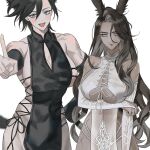  2girls animal_ears avatar_(ff14) bare_shoulders black_gloves black_hair black_ribbon blue_eyes blush breasts bridal_gauntlets china_dress chinese_clothes cleavage cleavage_cutout closed_mouth clothing_cutout collarbone covered_navel cropped dark-skinned_female dark_skin dress elbow_gloves eyebrows_visible_through_hair eyelashes eyes_visible_through_hair final_fantasy final_fantasy_xiv fingerless_gloves gloves hair_between_eyes half-closed_eyes hand_on_hip highres large_breasts long_eyelashes long_hair looking_at_viewer looking_away medium_hair mell_(dmwe3537) mole mole_on_breast mole_under_mouth multiple_girls open_mouth original rabbit_ears ribbon scar scar_on_arm scar_on_breasts scar_on_cheek scar_on_face scar_on_leg scar_on_mouth scar_on_stomach see-through simple_background smile toned tongue turtleneck v viera white_background white_eyes 