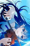  1girl absurdres artist_name bangs bare_arms bare_shoulders blue_eyes blue_hair clear_sky dress ears highres instrument long_hair looking_at_viewer music nail nekoyama_iori original playing playing_instrument sky smile solo teeth twitter_username violin 