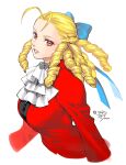  1girl antenna_hair ascot blonde_hair blue_bow bow breasts grin hair_bow highres jacket long_hair medium_breasts orange_eyes red_jacket ringlets simple_background smile solo street_fighter street_fighter_v tombsakura twitter_username upper_body white_background 